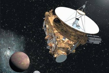 Simulación artística de la sonda 'New Horizons' en las proximidades de Plutón con tres de sus cinco satélites, incluido el gigante Caronte.