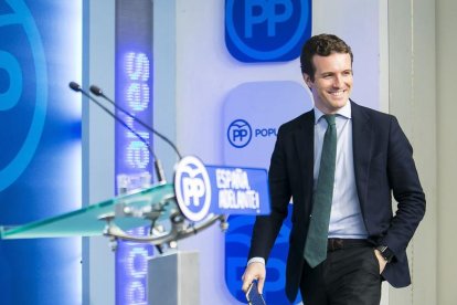 Pablo Casado a su llegada a una rueda de prensa.