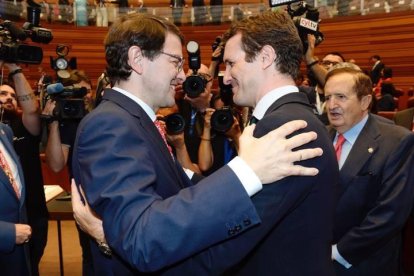 Mañueco y Pablo Casado, en un momento del acto celebrado esta mañana