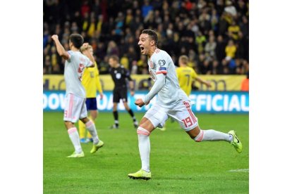 Rodrigo Moreno celebra el gol del empate ante Suecia que da la clasificación a España. JESSICA GOW/TT