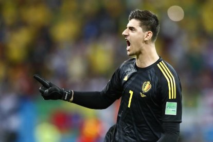 Thibaut Courtois celebra un gol de Bélgica en el Mundial 18. /