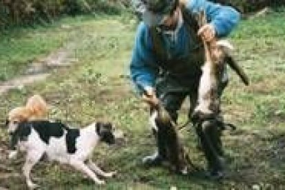 Un cazador, con dos hermosos ejemplares de liebre, junto a sus perros