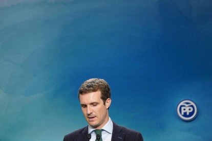 El presidente del PP, Pablo Casado, en la comparecencia de este lunes por el caso Máster.