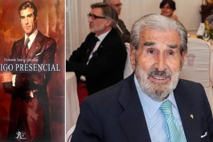 A la derecha, Fernando Suárez, en el premio Leonés del Año. Junto a él, la portada del libro. DL / CAMPILLO.