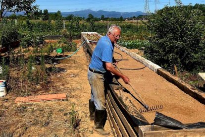 Un operario preparando los bancales con sustrato en la huerta. DL