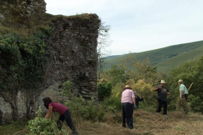 Voluntarios, ayer limpiando la maleza del castillo de Balboa. DL