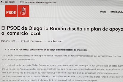 Página web del PSOE de Ponferrada que dirige Olegario Ramón y que viene a desdecir el 15 de mayo pasado lo que él mismo publicó este jueves con su twit. DL