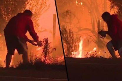 Captura del vídeo en que se ve a un hombre salvando a un conejo de morir en las llamas de los incendios de California.