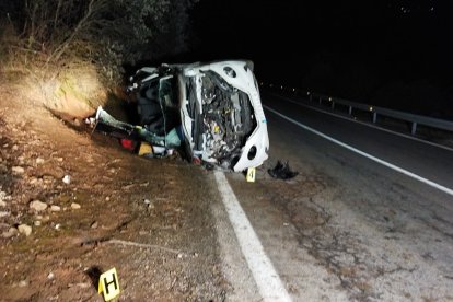 El coche se salió de la vía y volcó lateralmente. DL