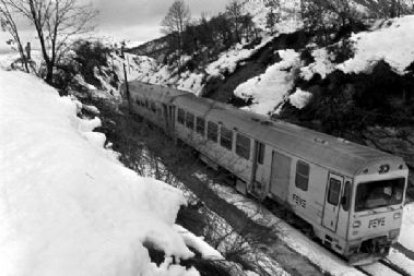 Uno de los trenes de Feve circulando por la provincia leonesa en un día de nieve