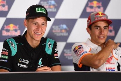 Fabio Quartararo (Yamaha) y Marc Márquez (Honda), en la conferencia de prensa de Catar.