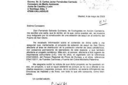 Carta sobre San Glorio que la ministra envió a Carriedo en mayo