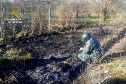 Agentes de la Guardia Civil insoeccionan el lugar del incendi