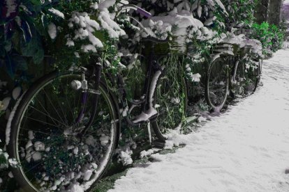 Bicicletas del Hotel Presa de Riaño cubiertas por la nieve.