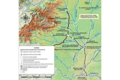 Vista aérea del yacimiento de Lancia, ubicado en Villasabariego; a la derecha, reconstrucción de uno