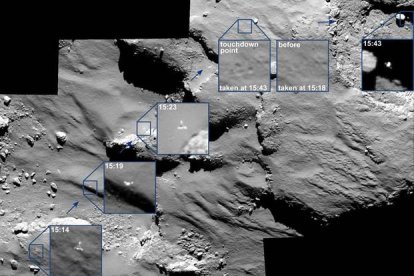 magen facilitada por la Agencia Espacial Europea (ESA) hoy 17 de noviembre de 2014 que muestra el aterrizaje del módulo Philae sobre la superficie del cometa 67P/Churyumov-Gerasimenko