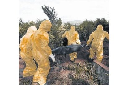 Personal sanitario con trajes de aislamiento traslada el cuerpo de una posible víctima de ébola en Sierra Leona.