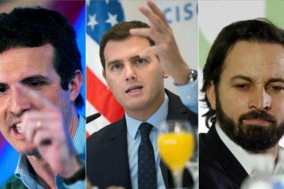 Pablo Casado (PP), Albert Rivera (Ciudadanos) y Santiago Abascal (Vox)