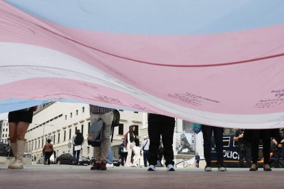 Una concentración frente al Congreso de personas partidarias de la ley trans. J. J. GUILLÉN