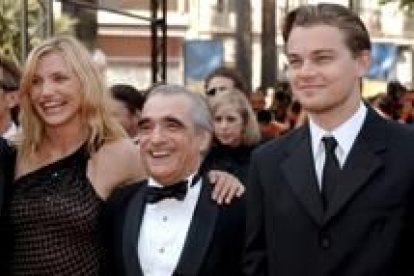 El director Martin Scorsese junto a los protagonistas del filme, Cameron Díaz y Leonardo DiCaprio