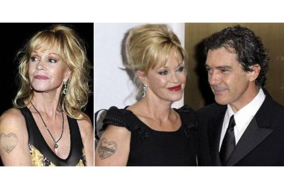 Melanie Griffith, a la izquierda, con su tatuaje maquillado para que nos se lea "Antonio". A la derecha, con el actor malagueño y el dibujo entero en su brazo derecho.