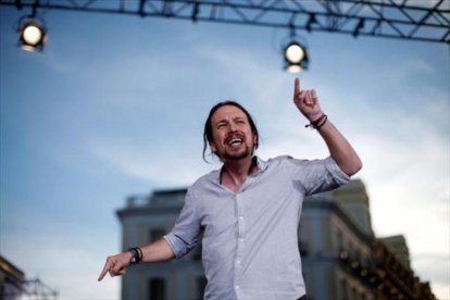 Pablo Iglesias, en el acto de Podemos en la Puerta del Sol de Madrid, el sábado pasado.