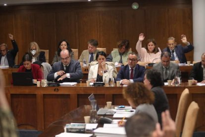 Tarsicio Carballo, en una de las votaciones del Pleno de ayer en Ponferrada. DE LA MATA