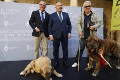 Manuel Calvo, Eduardo Morán y Leo Harlem, con dos mastines. RAMIRO