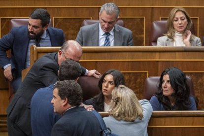 MADRID, 20/02/2024.- La portavoz parlamentaria de Vox, Pepa Millán (c) junto a compañeros del partido, antes del inicio del pleno del Congreso de los Diputados celebrado este martes en Madrid. EFE/ Fernando Villar