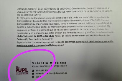 El logo de UPL en las cartas a los alcaldes para informar del Plan Provincial de Cooperación.