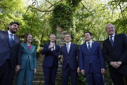 El líder del PP, Alberto Núñez Feijoo (c), el presidente de Murcia, Fernando López Miras (i), el de Aragón, Jorge Azcón (d), el de Castilla y León, Alfonso Fernández Mañueco (2d), y la secretaria general del PP, Cuca Gamarra (2i), posan junto a Alfonso Rueda (3i).