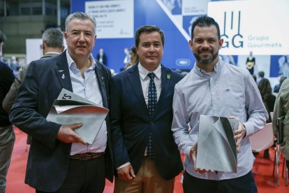 Manuel Mena Mañoso (i), de Vinacoteca Mayor 22 en El Barco de Ávila, premio al mejor comercio, el vicepresidente de la diputación Ávila, Jesús Martín García (d), y Adolfo Santos (c), del restaurante Saddle, premio al mejor chef, posan durante la tercera jornada de la 37 edición de la feria Salón Gourmets este miércoles en Madrid. EFE/ Fernando Alvarado