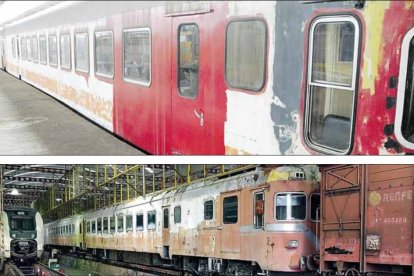 Dos imágenes del electrotrén; abajo, en una vía dentro de la base de mantenimiento ferroviario de La Sal.