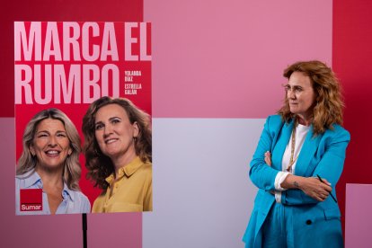 Estrella Galán, candidata de Sumar a las elecciones europeas del 9J , presenta las líneas de campaña de su partido para los citados comicios, este lunes en Madrid. EFE/ Daniel González