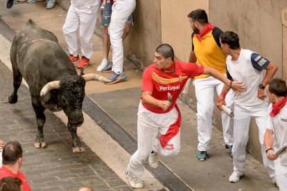 Los mozos perseguidos por los toros de la ganadería sevillana de Miura durante el último encierro de los Sanfermines 2024, este domingo, en Pamplona. EFE/Sergio Martín