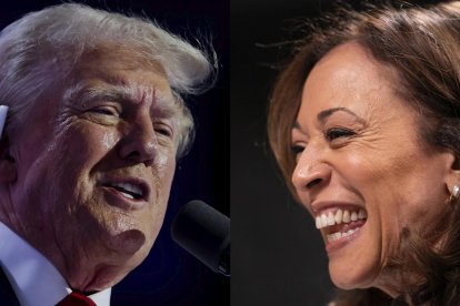 Combo de dos fotografías que muestra al expresidente de los Estados Unidos, Donald Trump, y a la vicepresidenta de los Estados Unidos, Kamala Harris. EFE/ Allison Dinner/nathan Howard