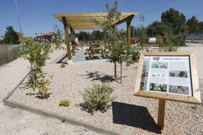 Los elementos expositivos están realizados con materiales ecológicos de larga duración. Hay carteles con los nombres de las plantas, imágenes y textos