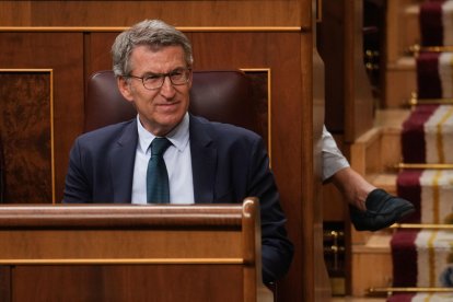 Imagen de archivo (23/07/2024) del líder del Partido Popular, Alberto Núñez Feijóo, durante un pleno del Congreso de los Diputados. EFE/Borja Sánchez-Trillo