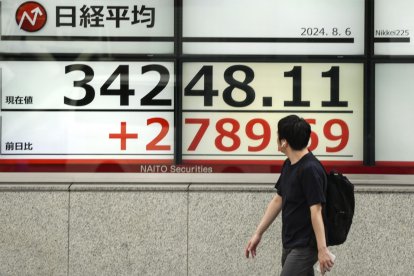 Tokyo (Japan), 06/08/2024.- A pedestrian walks past a display showing the Nikkei Stock Average in Tokyo, Japan, 06 August 2024. Tokyo's stock benchmark recorded its largest single-day gain in history, gaining over 3,200 points, after losing over 4,400 points on 05 August 2024, bigger than the 'Black Monday' historic loss in 1987. The Nikkei Stock Average surged 3,217.04 points, or 10.23 per cent, to close at 34,675.46 on 06 August 2024. (Japón, Tokio) EFE/EPA/KIMIMASA MAYAMA