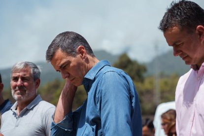 Imagen de archivo del presidente del Gobierno, Pedro Sánchez (c), junto al de la comunidad autónoma de Canarias, Fernando Clavijo (i). EFE/ Ramón de La Rocha