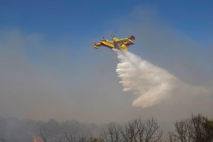 Imagen de archivo de un hidroavión operando sobre un incendio forestal. EFE / Álvaro Del Olmo