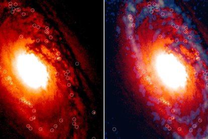 Un estudio internacional liderado por el Instituto de Astrofísica de Canarias (IAC) ha hallado nuevos lugares de formación de estrellas, en forma de pequeños y débiles cúmulos estelares, alrededor del centro de una galaxia evolucionada o 