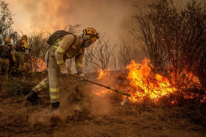 Bomberos forestales realizan labores de extinción en un incendio. Archivo EFE/Brais Lorenzo