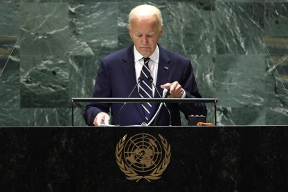 El presidente de Estados Unidos, Joe Biden, finaliza su discurso durante el debate general del 79º período de sesiones de la Asamblea General de las Naciones Unidas en la sede de la ONU en Nueva York, EE.UU., este 24 de septiembre de 2024. EFE/EPA/Justin Lane