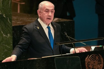 El Primer Ministro de Israel, Benjamin Netanyahu, habla durante el período de sesiones de la Asamblea General de las Naciones Unidas en la Sede de las Naciones Unidas en Nueva York, Nueva York. EFE/EPA/STEPHANI SPINDEL