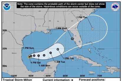 Imagen cedida el Centro Nacional de Huracanes (NHC) estadounidense del pronóstico de cinco día del paso de la tormenta tropical Milton en el Golfo de México. EFE/NHC