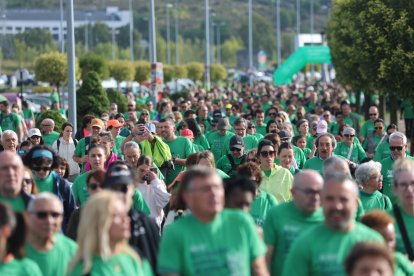 Cientos de personas recorriendo este domingo en Ponferrada la zona deportiva en la marcha contra el cáncer.