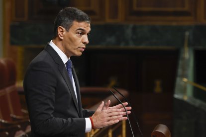 El jefe del Ejecutivo, Pedro Sánchez, este miércoles en el Congreso. EFE/ J.J.Guillen