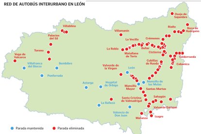 Mapa con las paradas afectadas por el Mapa de Transporte