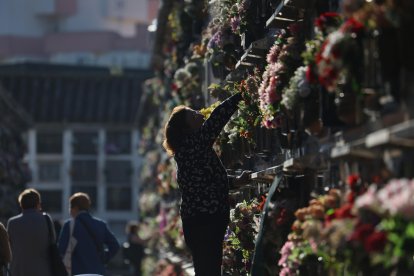 Imagen de archivo de una mujer colocando flores en un nicho del cementerio de San Rafael en Córdoba. EFE/ Salas